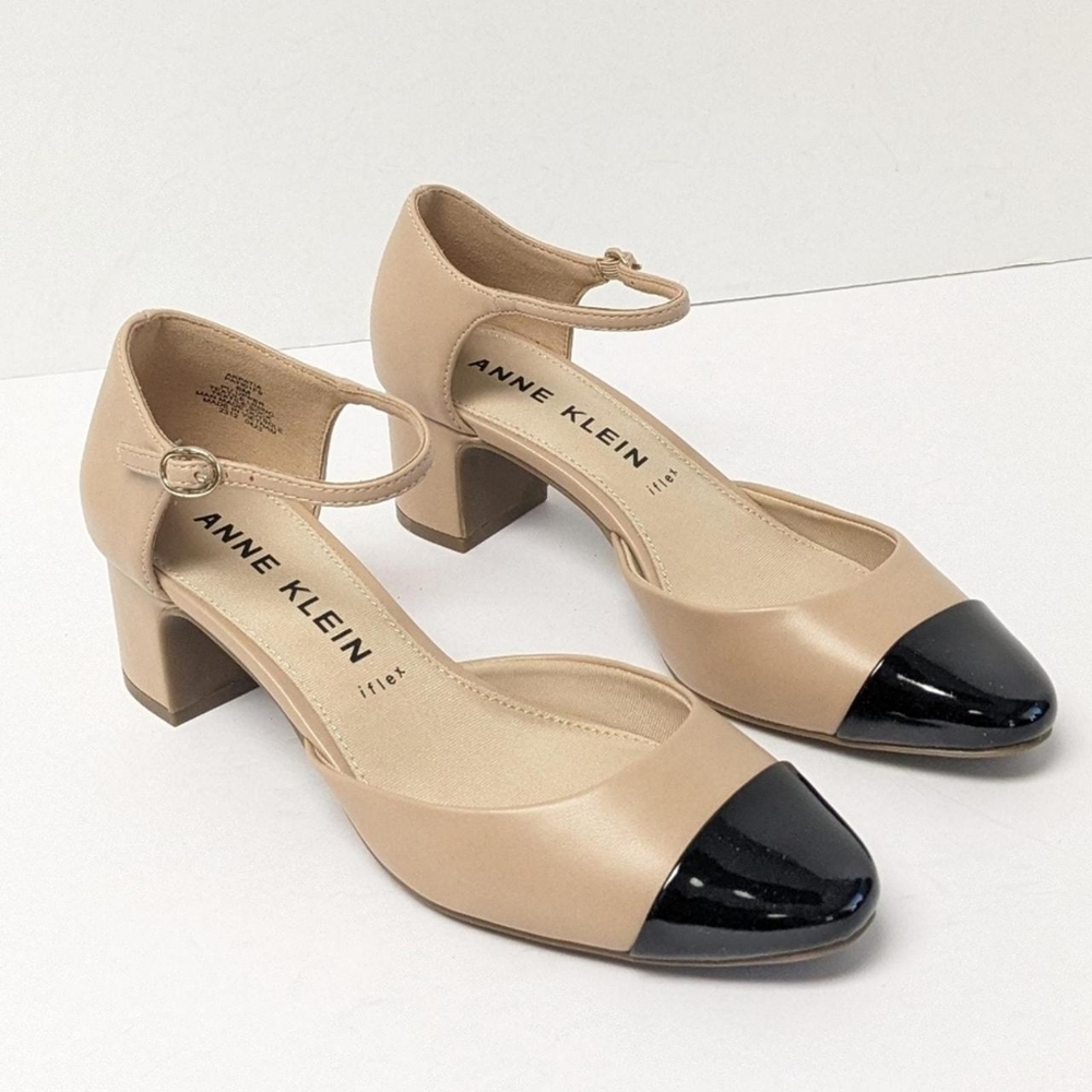 Anne Klein Women's Tan Leather Block Heel Ankle Strap Heels